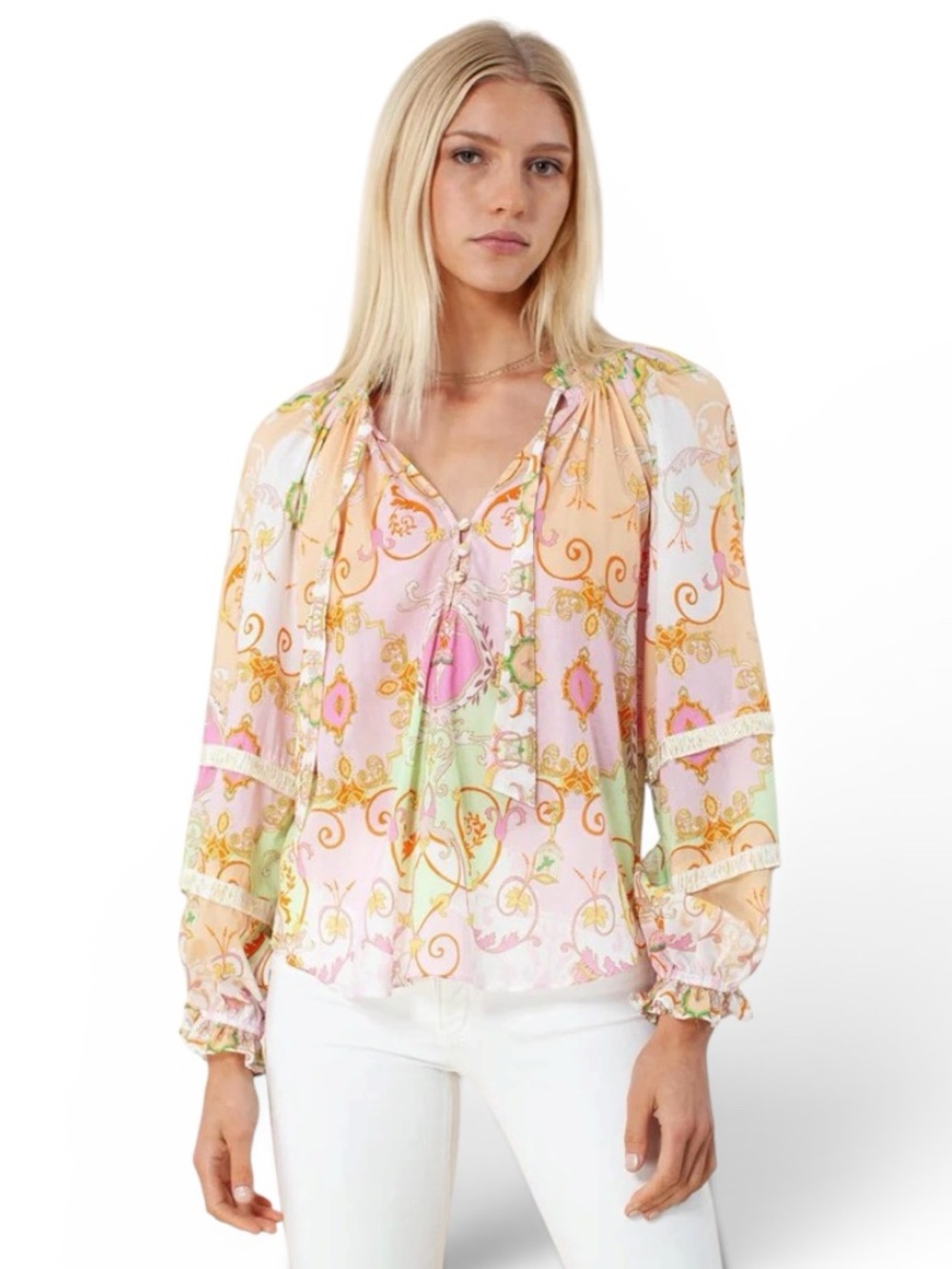 Hale Bob Pink Pastel Print Fringe Trim Cotton Blouse XS, 22AS2144
